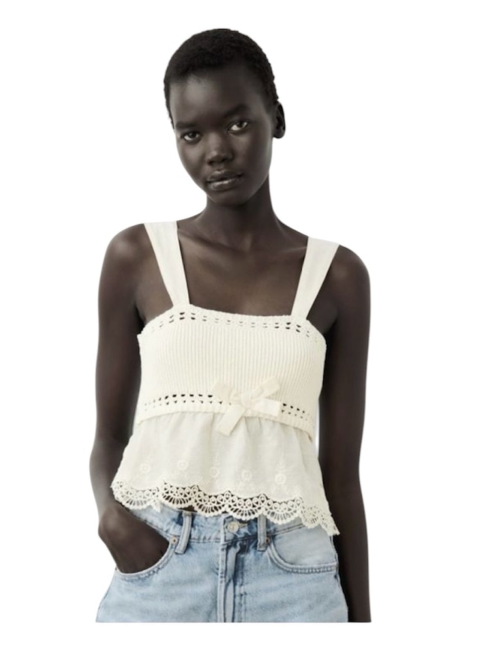 Zara cream baby doll tank top with contrast knit and bow size Small